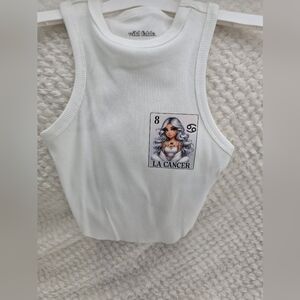White Ribbed Tank with Tarot-Inspired 'La Cancer' Graphic